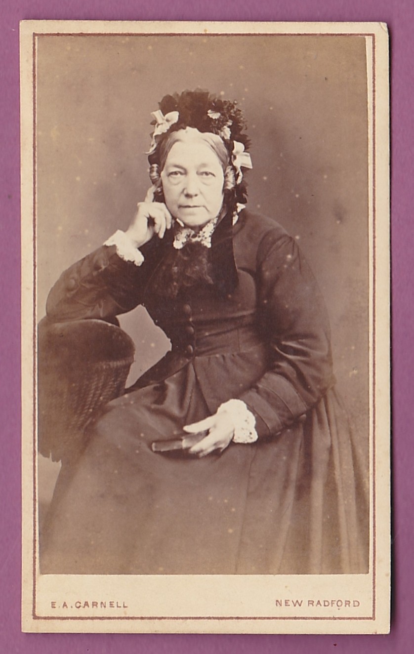 1870s CDV photograph of an English widow in late stage mourning w/ fancy bonnet