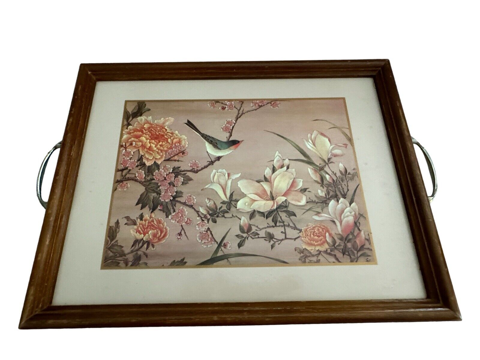 Vintage Pimpernel Wood Floral Bird Hostess Serving Tray Metal Handles 16.5” x 12
