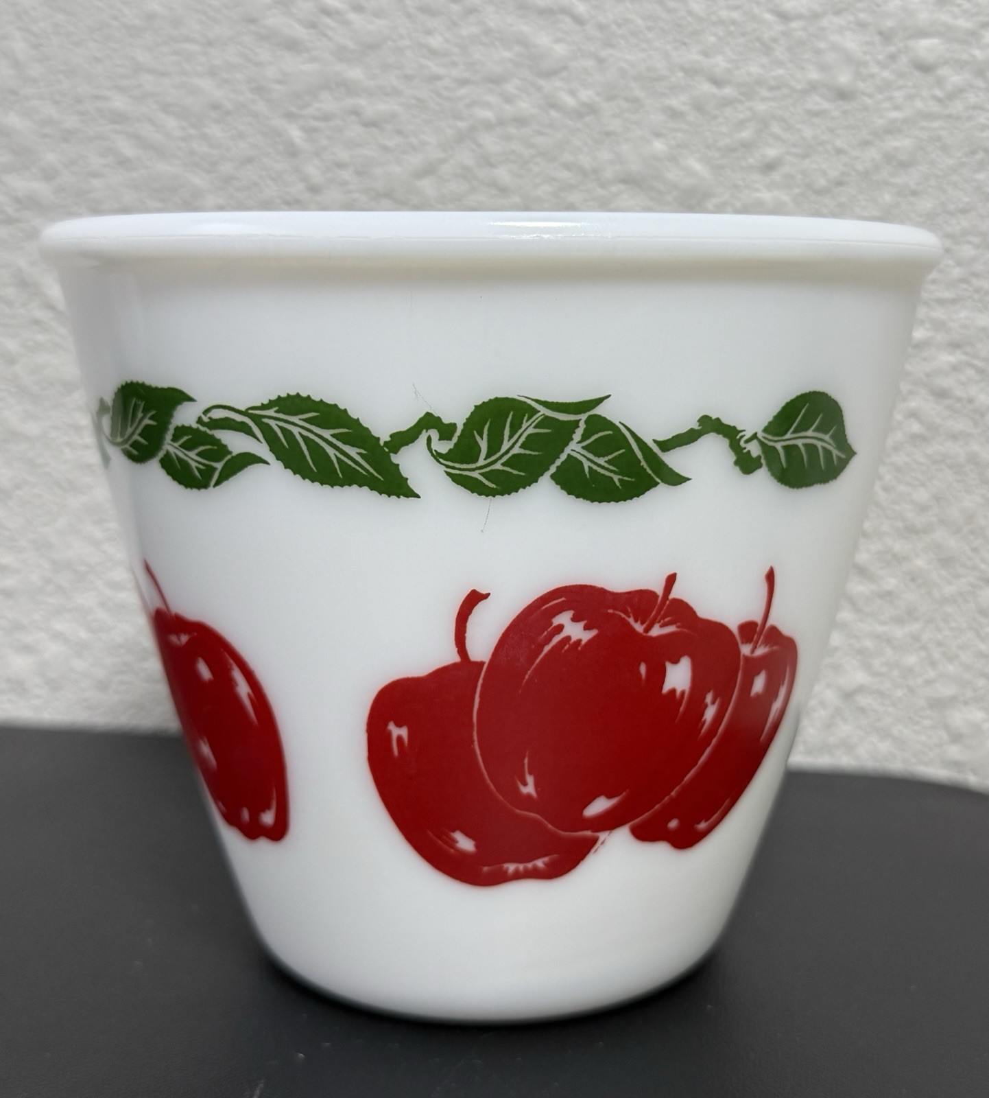 Vintage Hazel Atlas White Milk Glass Mixing Bowl With Apples & Leaves Design