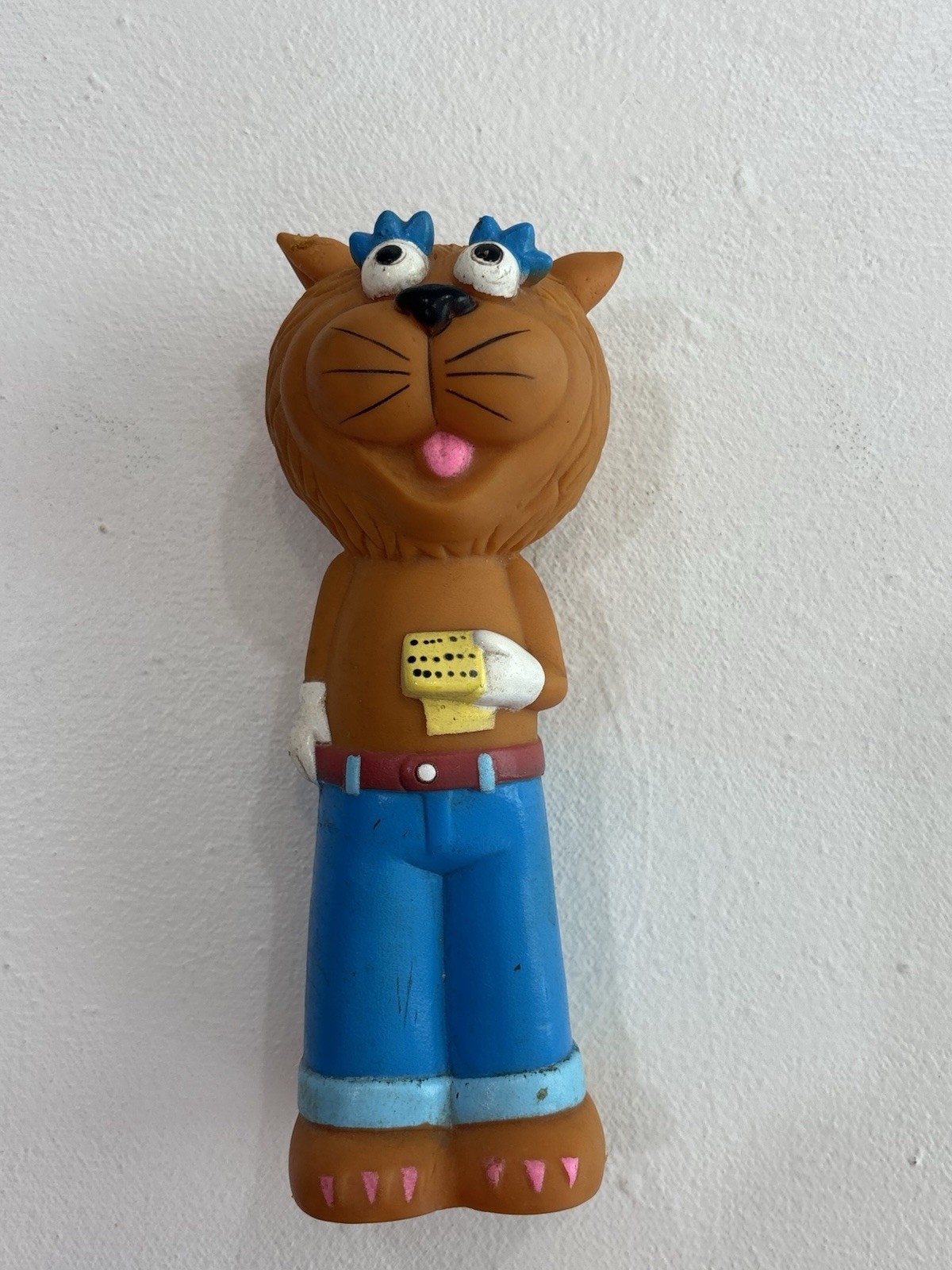 Vintage Rubber Squeeze Toy Cat Figurine Blue Pants Novelty Retro Anthropomorphic