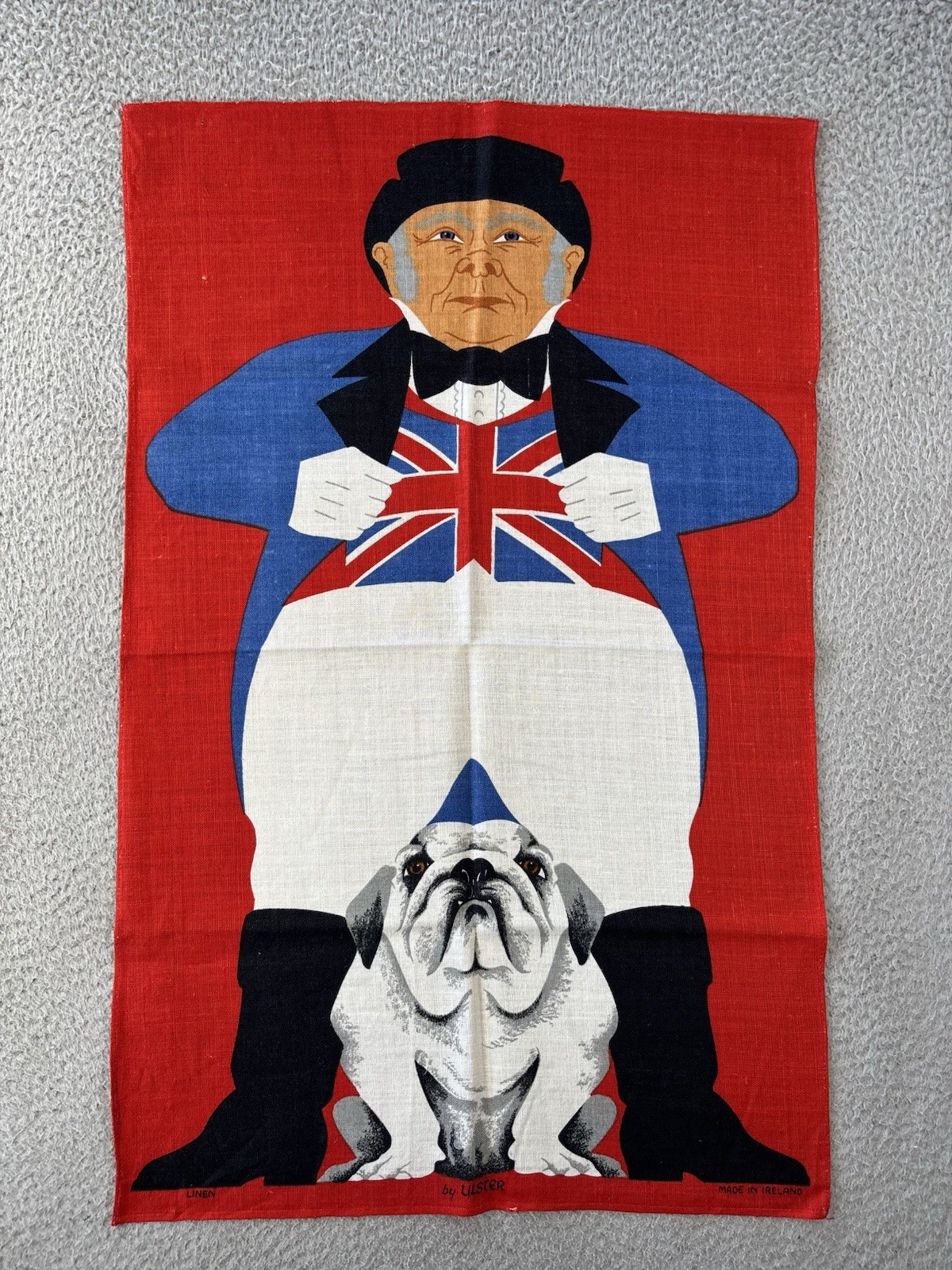 Vintage Ulster Linen Tea Towel John Bull Bulldog Union Jack UK England Vibrant
