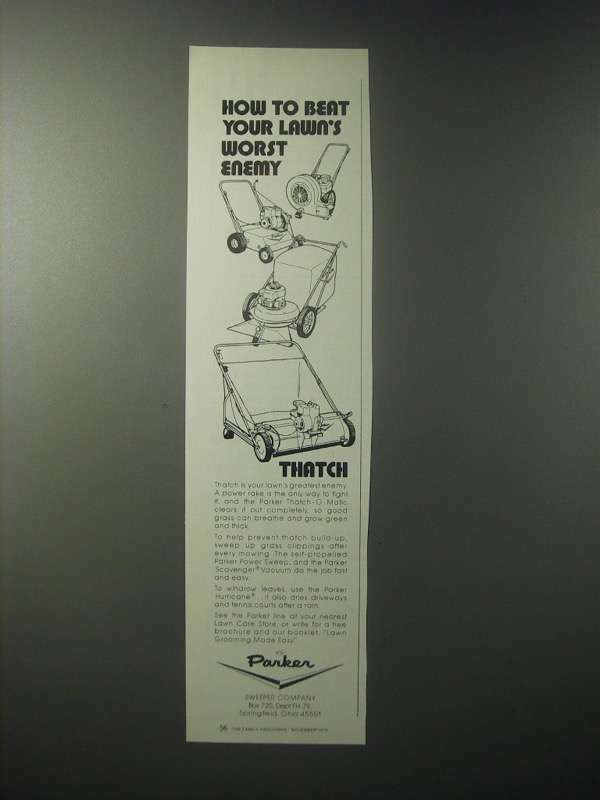 1979 Parker Ad - Thatch-O-Matic, Power Sweep, Scavenger Vacuum and Hurricane