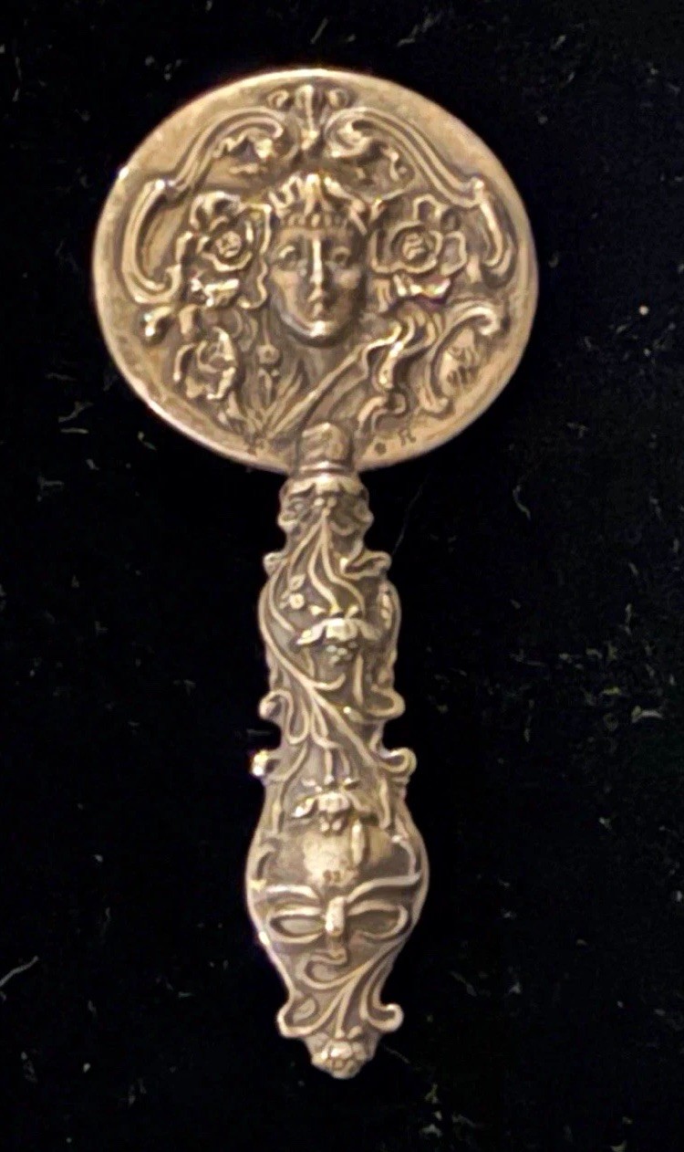 Antique Art Nouveau Sterling Silver Mini Hand Mirror, Lady\'s Face, Signed, 5.5” Antique Art Nouveau Sterling Silver Mini Hand Mirror, Lady\'s Face, Signed, 5.5”