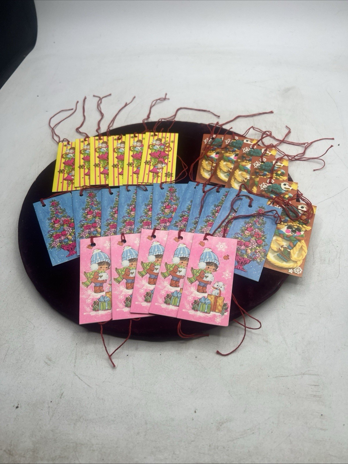 Vintage UNUSED Christmas Gift Tag Card Lot Of 27 With Red String Ties Girl Cat
