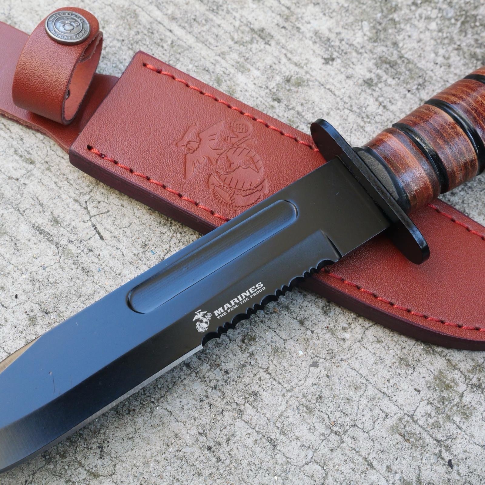 12” USMC Licensed Marines Military KBAR Knife With Leather Handle And Sheath