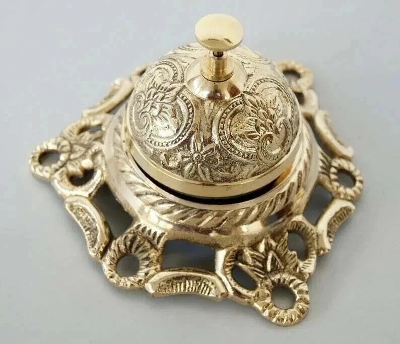 Ornate Reception Service Bell Hotel Counter Desk Vintage Brass Table Antique