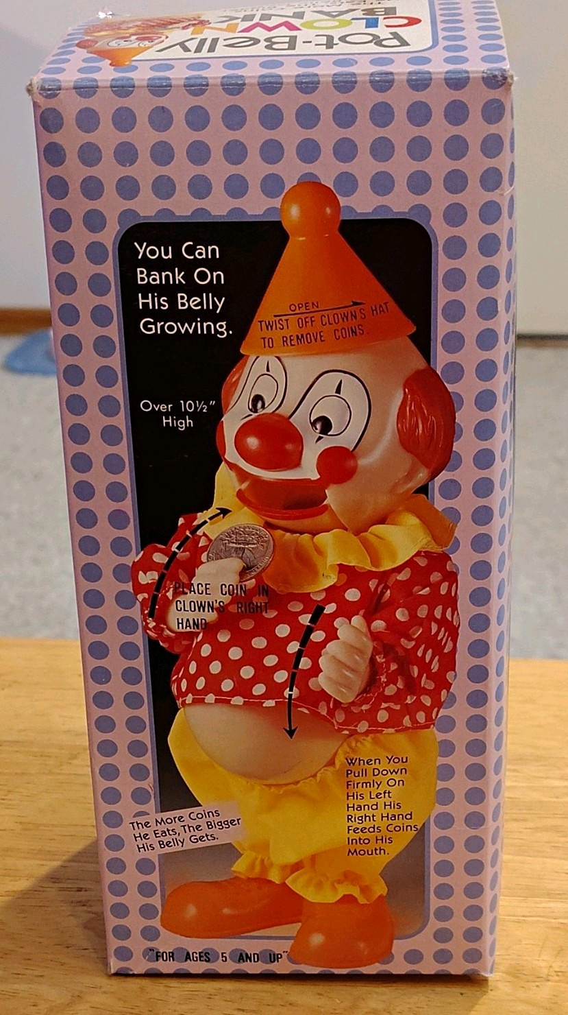 Vintage JSNY Pot Belly Clown Mechanical Coin Bank New In Box 1980s 10.5