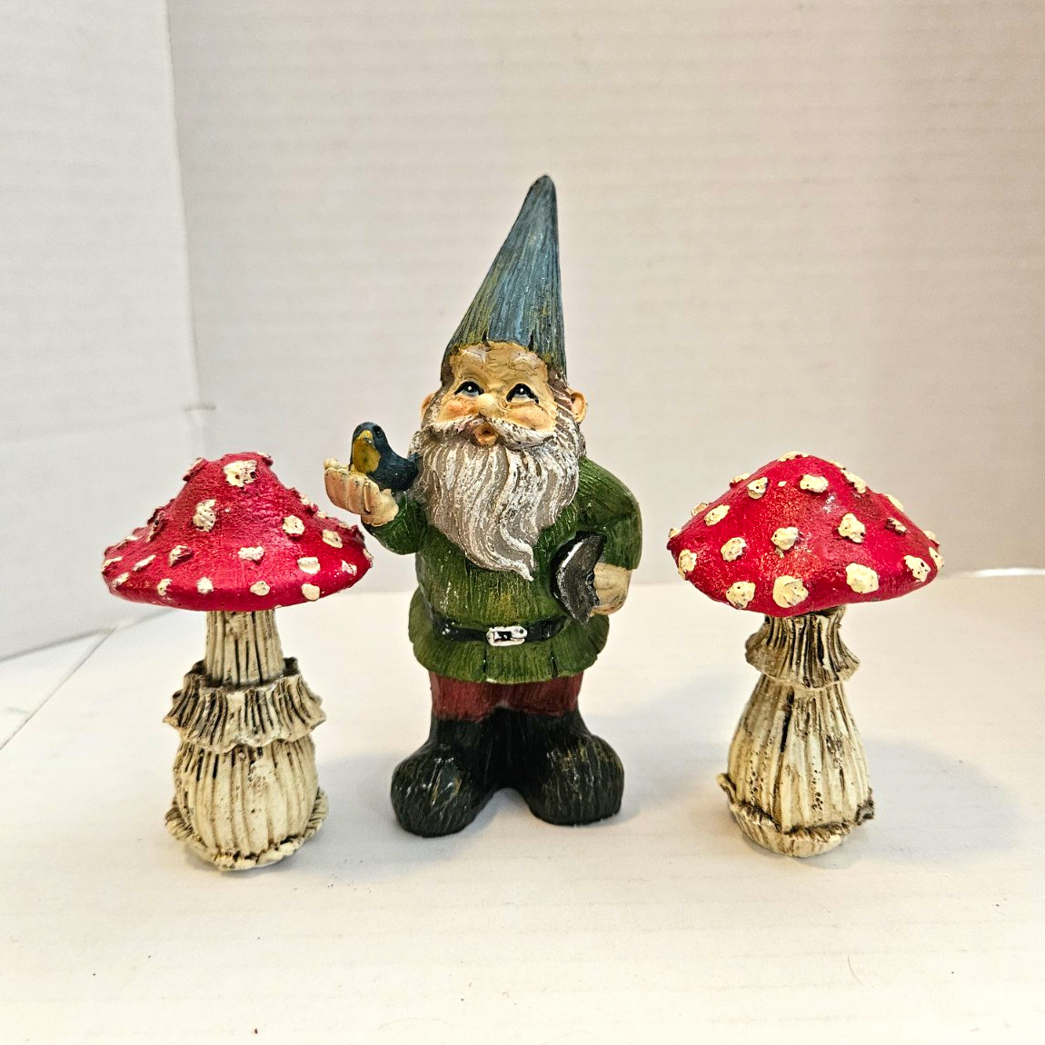 Fantasy Gnomes Gnome Figurine Set with 2 Red Spotted Mushroom Toadstools
