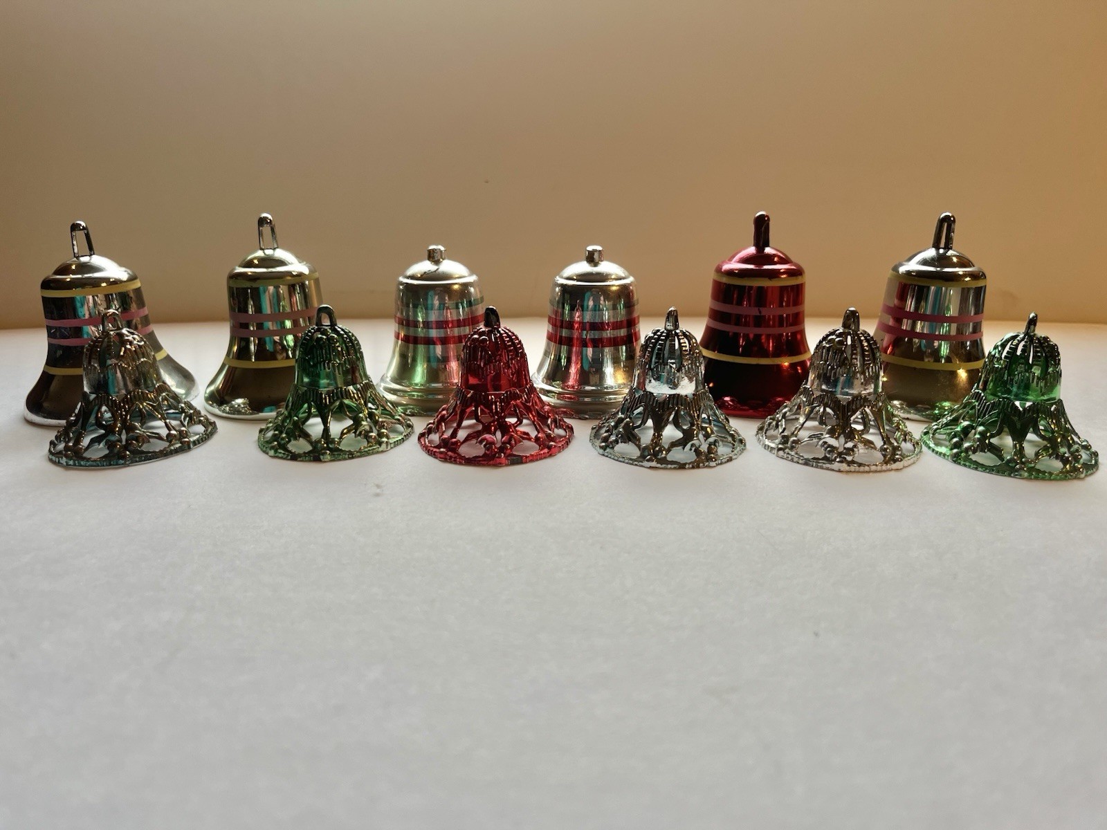 Vintage Bradford Plastic Ornaments Bells Stripe & Filagree 