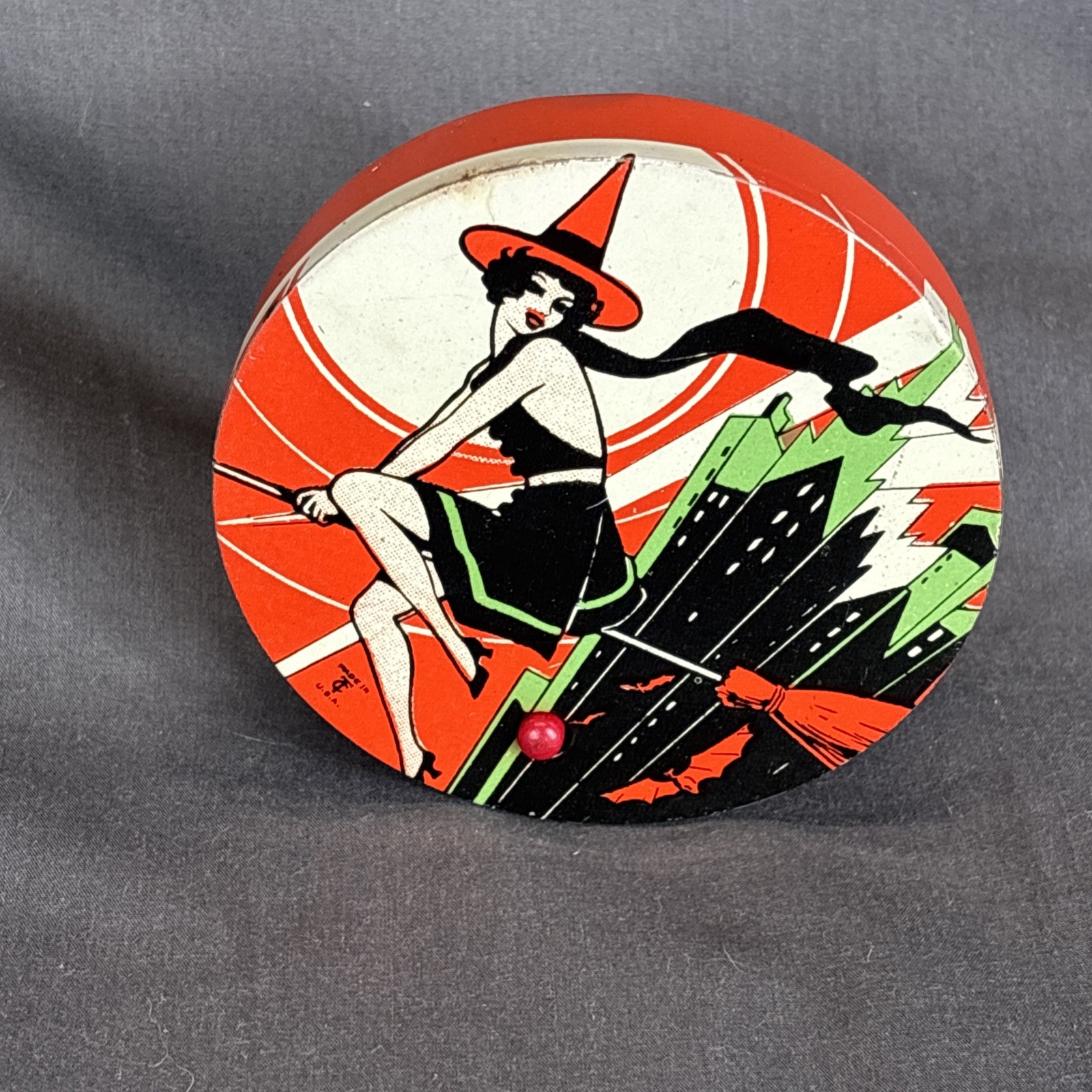 Vintage 1930s 1940s T Cohn Halloween Noise Maker Sexy Witch Tin Litho