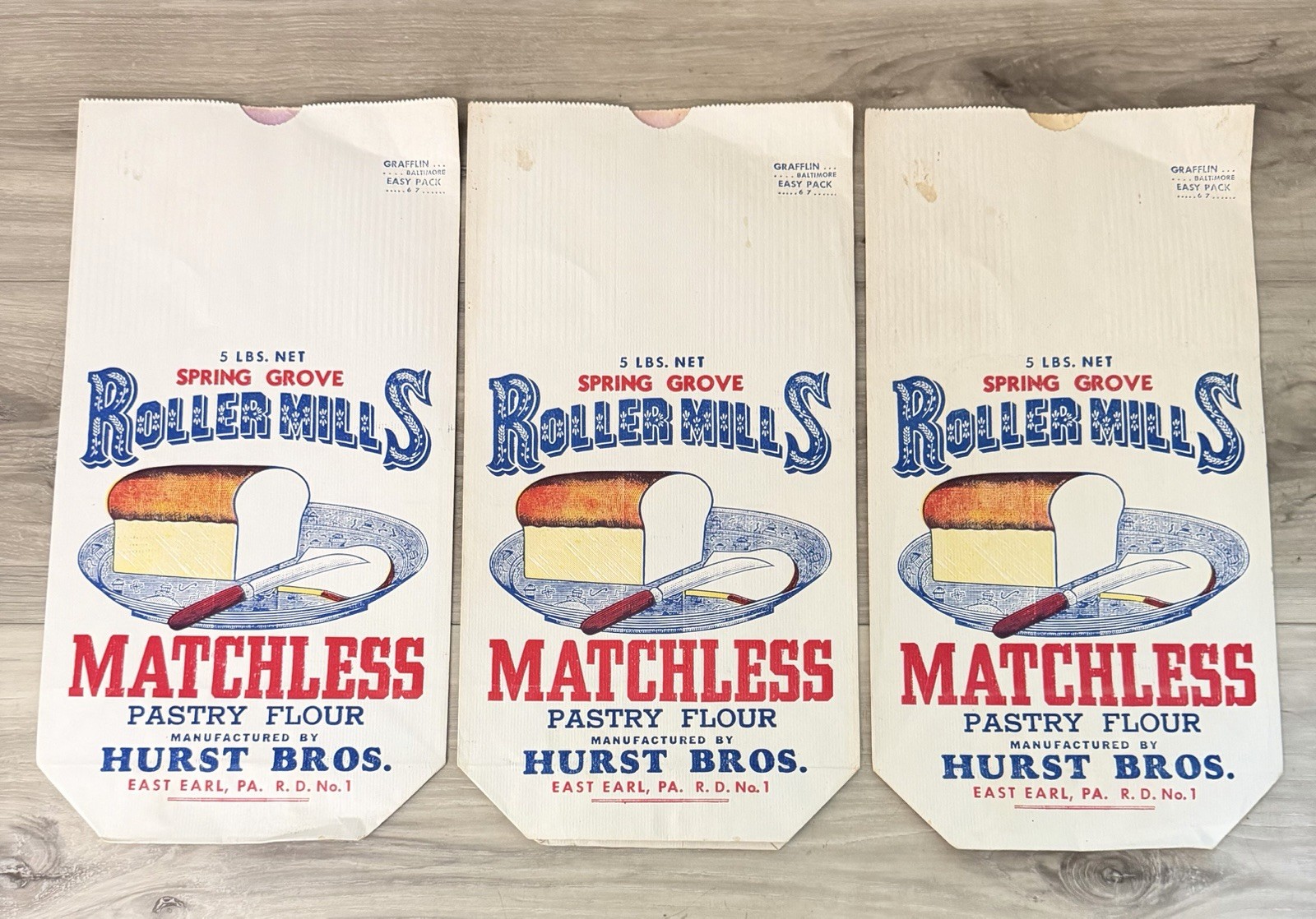 Vintage Spring Grove Roller Mills Matchless Flour Bags Lot 3 Hurst Bros PA