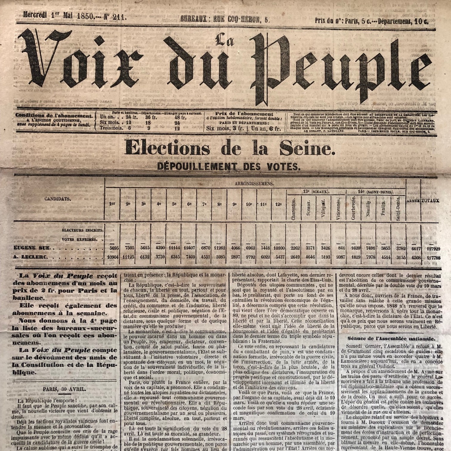 Journal LA VOIX DU PEUPLE 1st May 1850 # Proclamation of Eugene SUE in the elections