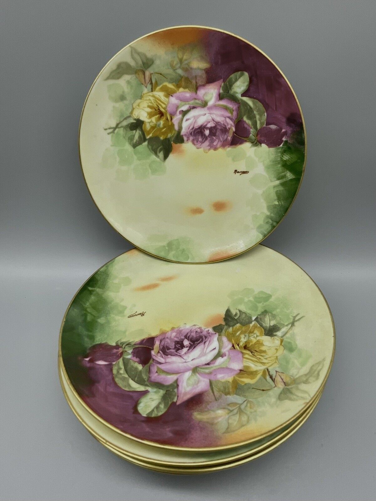 Antique Limoges Coronet Hand Painted Plate Roses Artist Signed Rancon Set (6)