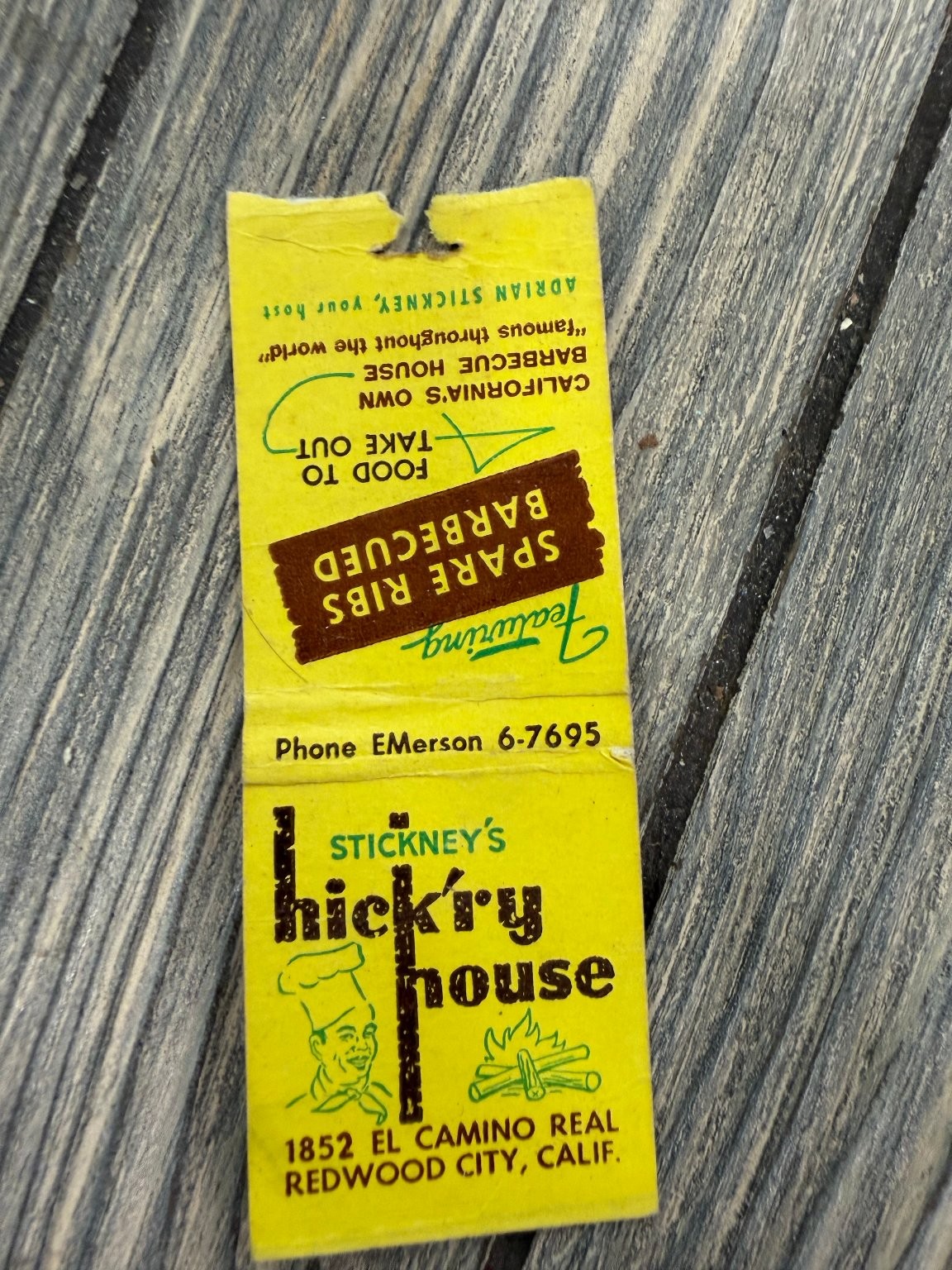 Stickney's Hickory House Redwood City CA 1950s-60s Map Design Matchbook