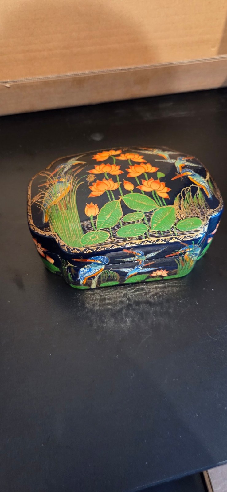 Vintage Suffering Moses Kashmir Papier Mache Box Hand Painted Lotus Kingfisher