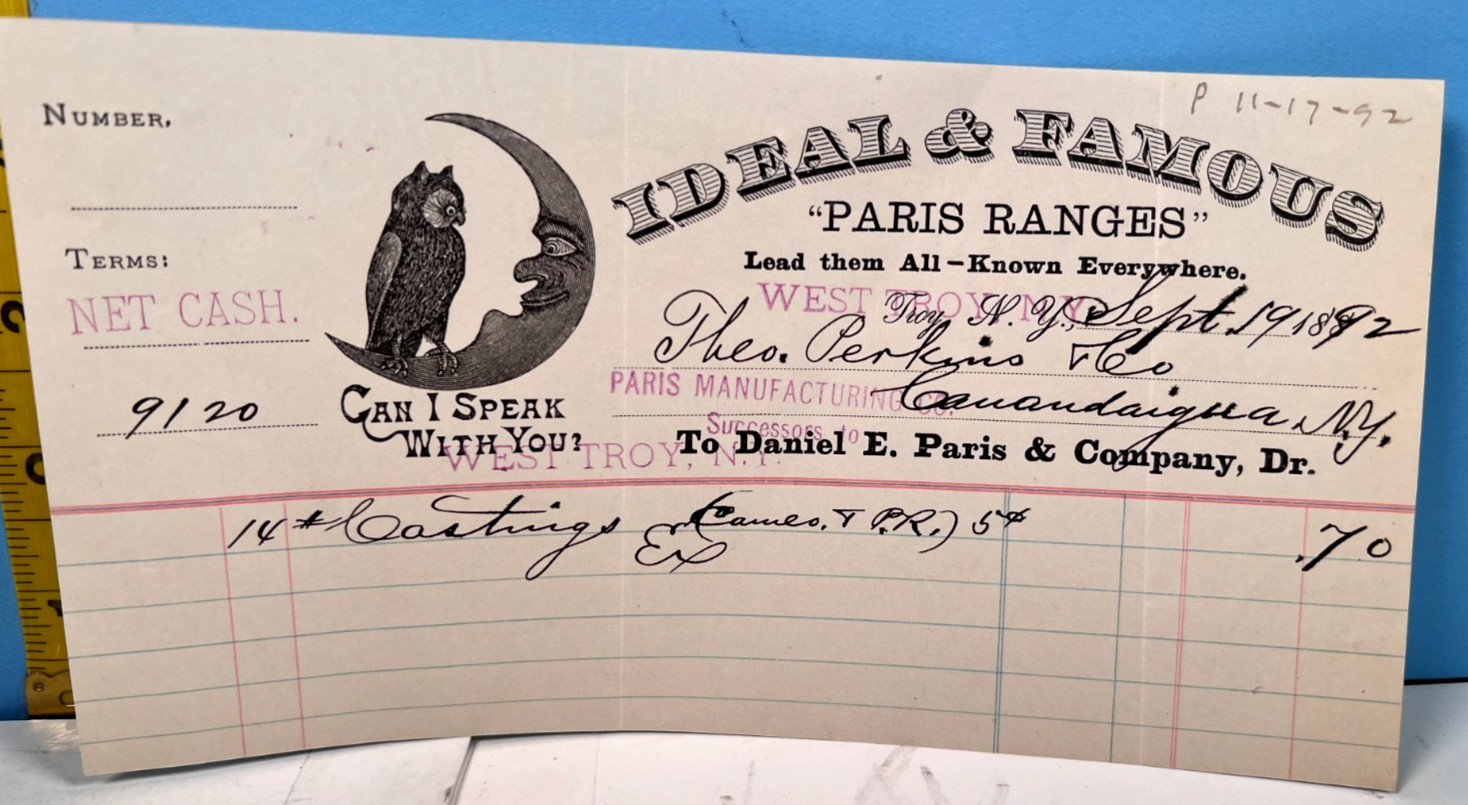 1892 Ideal & Famous Paris Ranges Trade Receipt