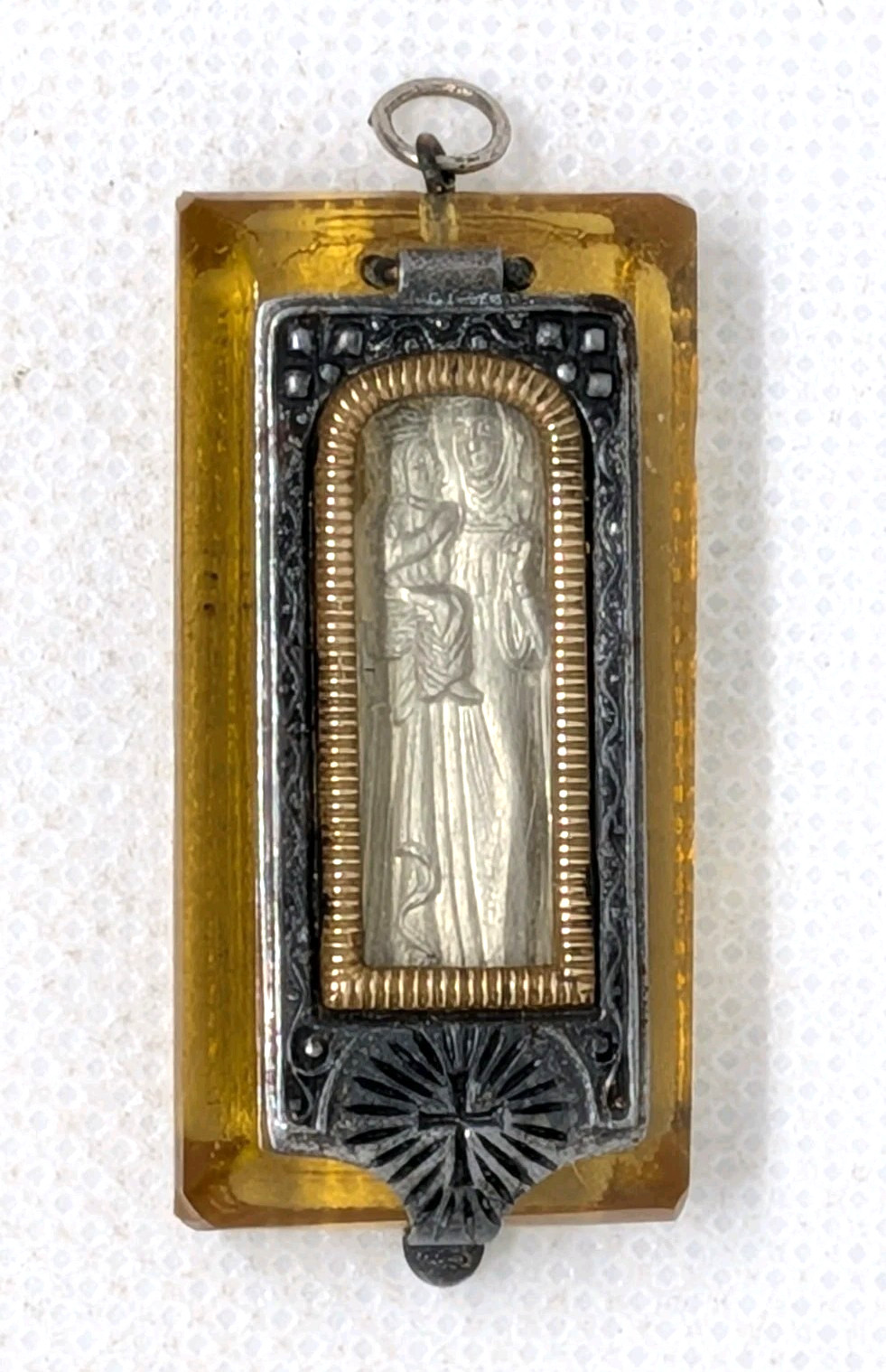 Vintage W.F.M. Amber Lucite Madonna & Child Travel Shrine Pocket Pendant -German