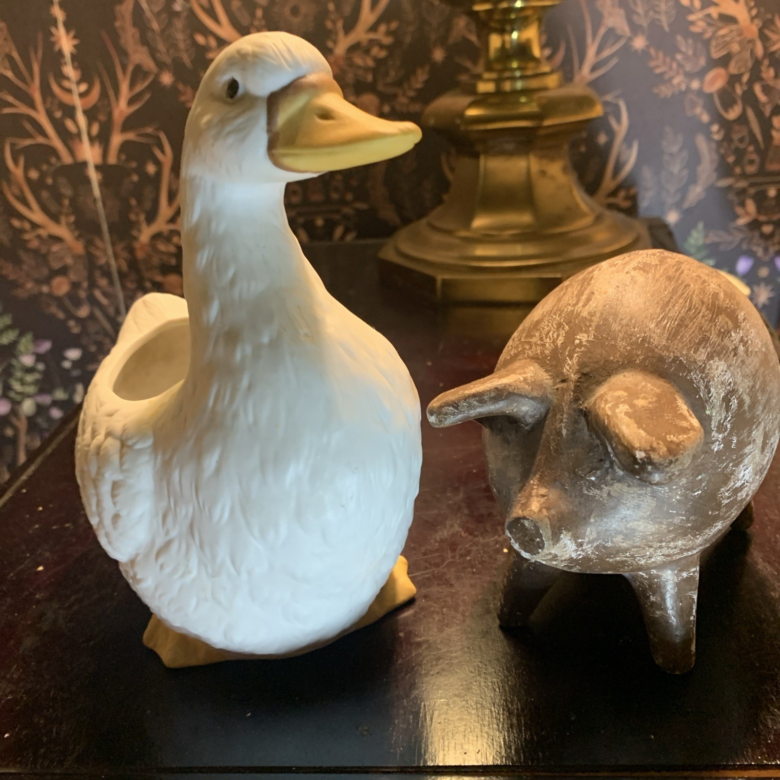 Vintage Ceramic Duck Planter & Distressed Primitive Pig Figurine Set