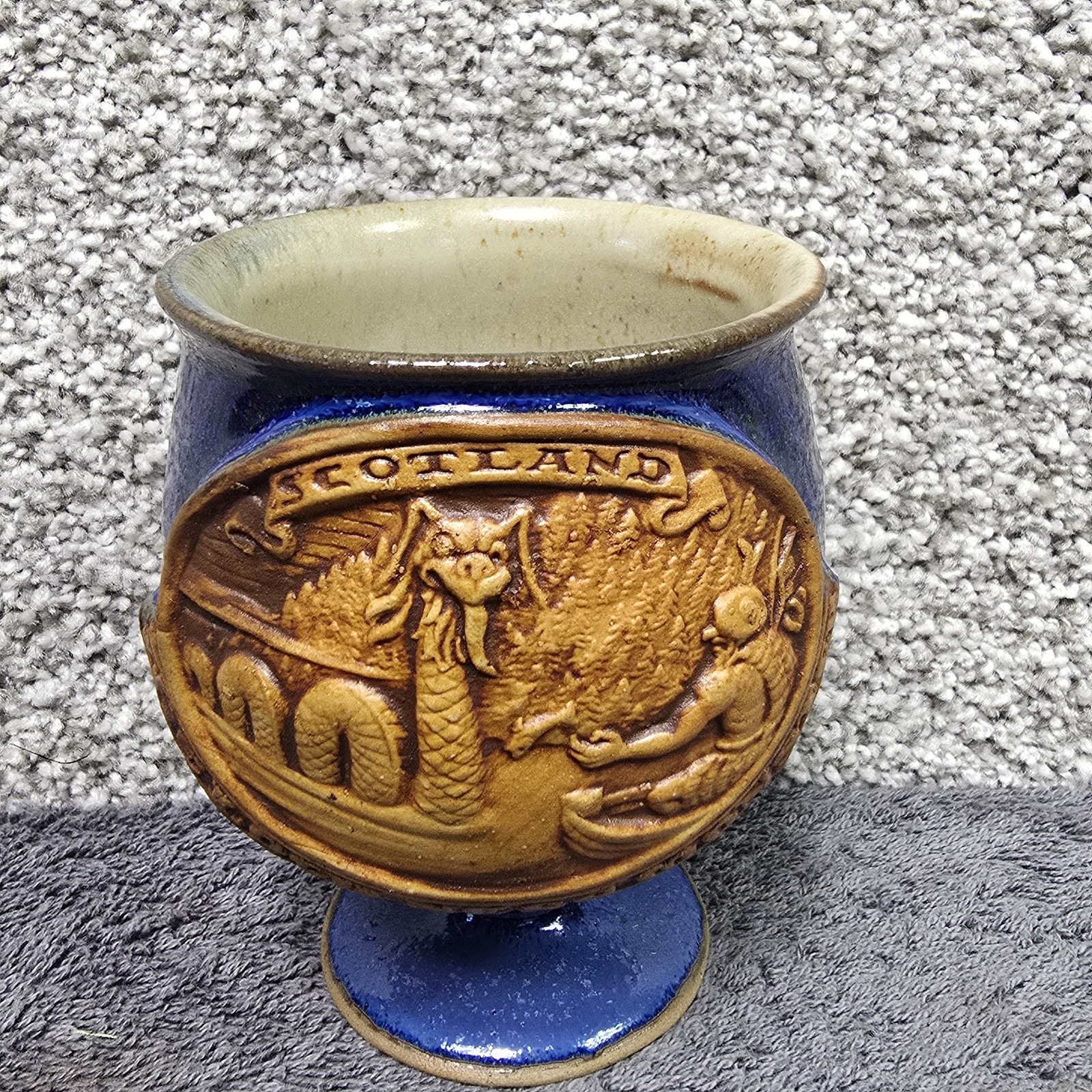Scotland Loch Ness Monster Goblet Cobalt Blue Stoneware Souvenir Cup Decor