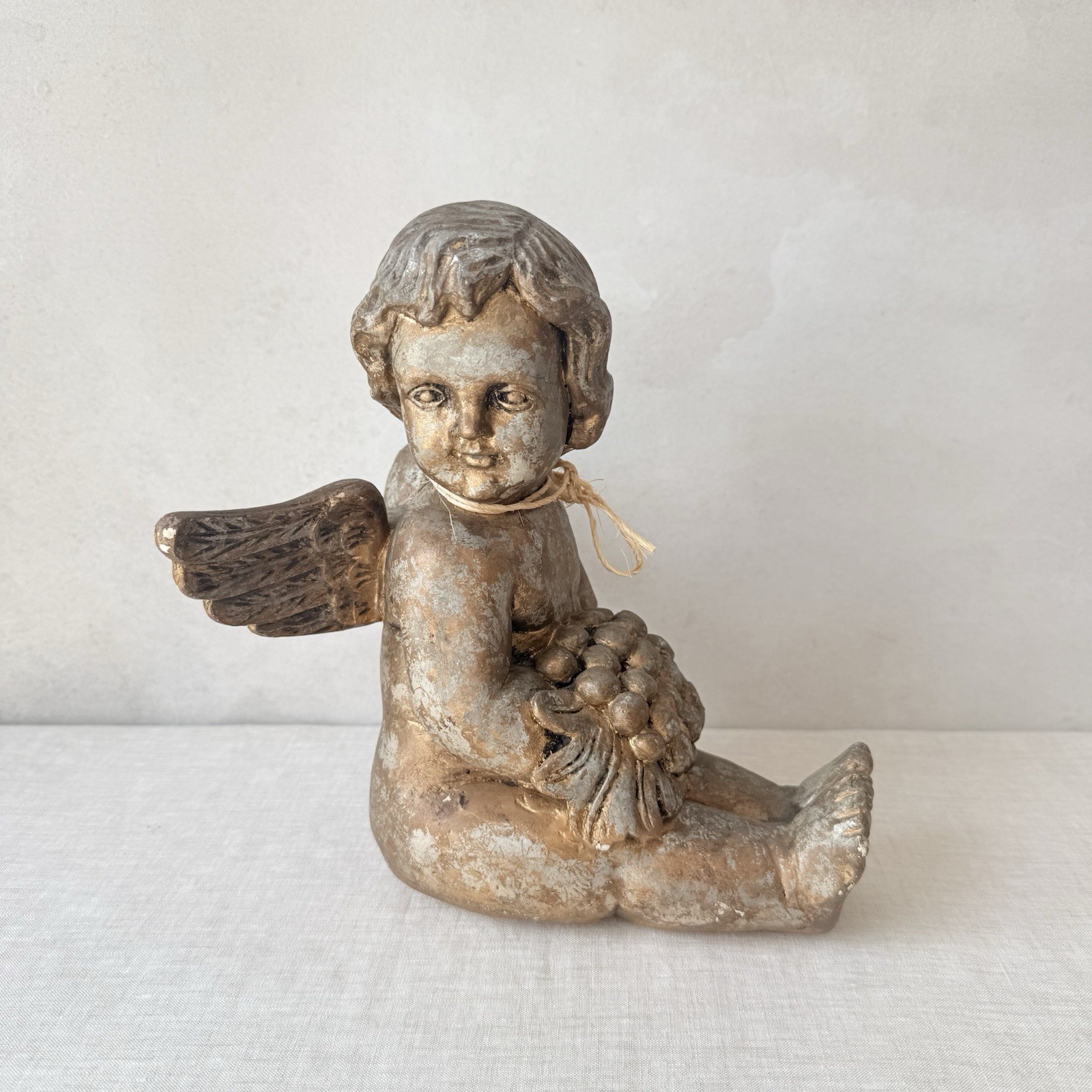 Vintage Cherub Angel Statue Holding Grapes Gilt Old World Decor 10”H