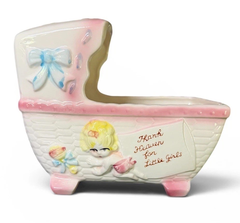 Vintage Rubens Ceramic Baby Cradle Crib Planter 