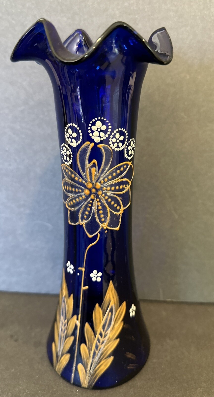 Vase Cobalt Blue Handpainted Scalloped  Edge Blown Glass Vintage