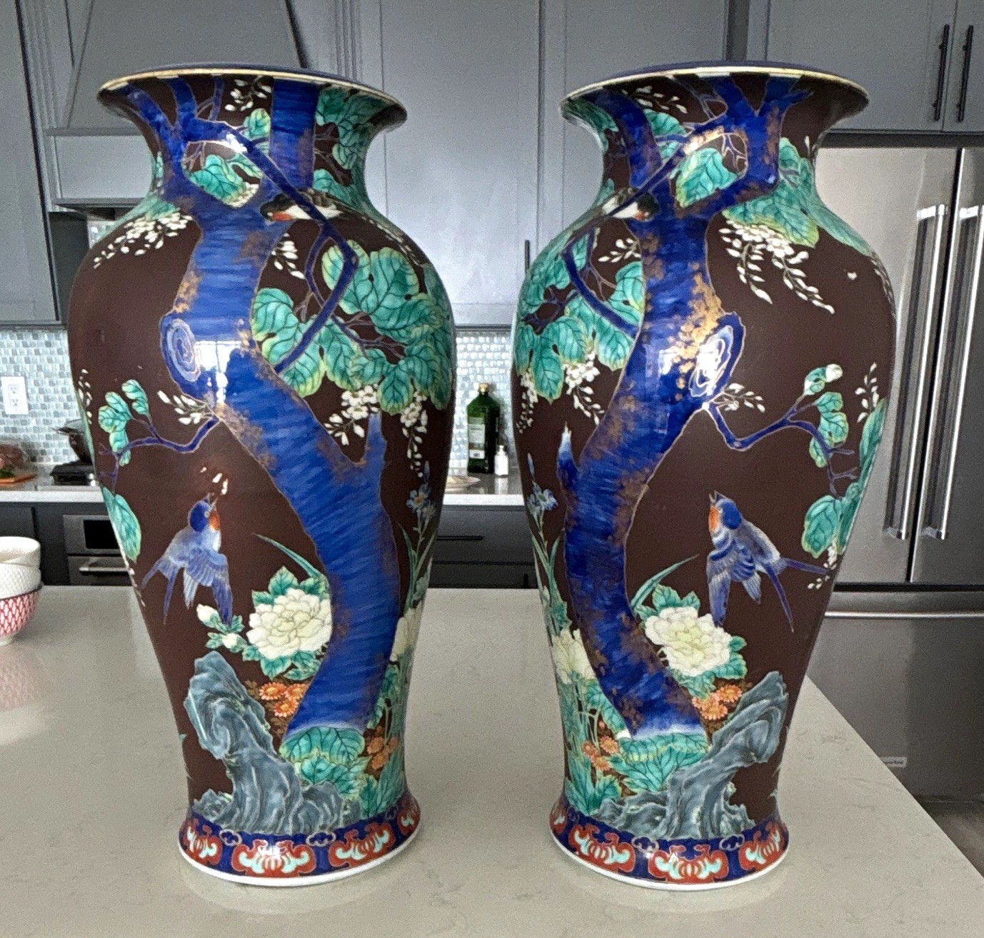 Pair 22” 17 lb signed 19th century Fukagawa Sei exhibition quality cabinet vase 