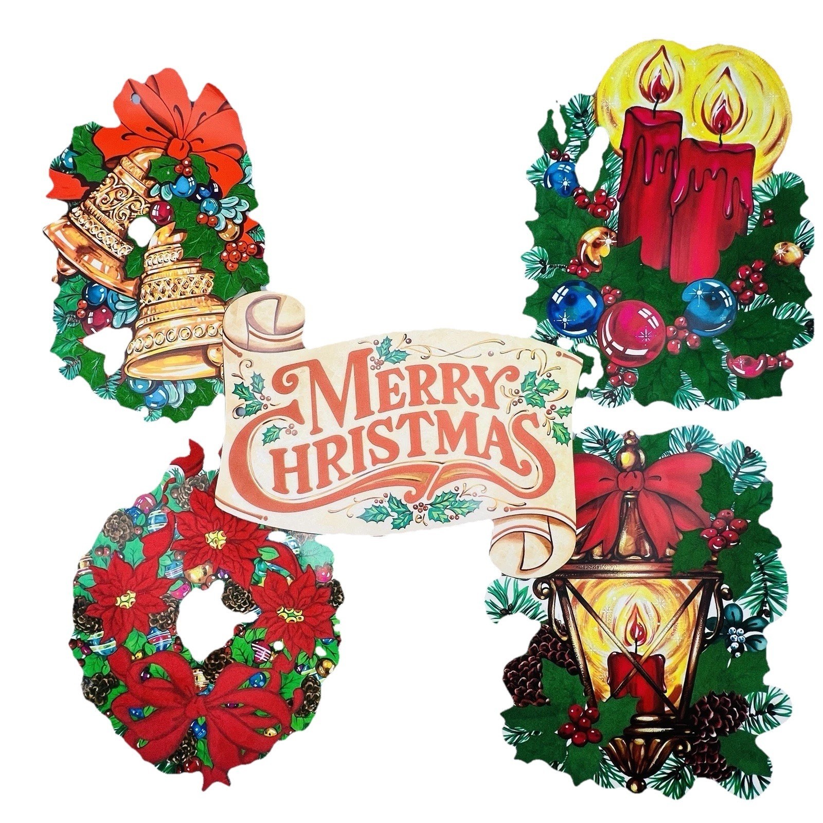 Vtg 80s Lot of 5 Christmas Flocked Die Cuts Peck Inc Wall Decor Kitsch 2-sided