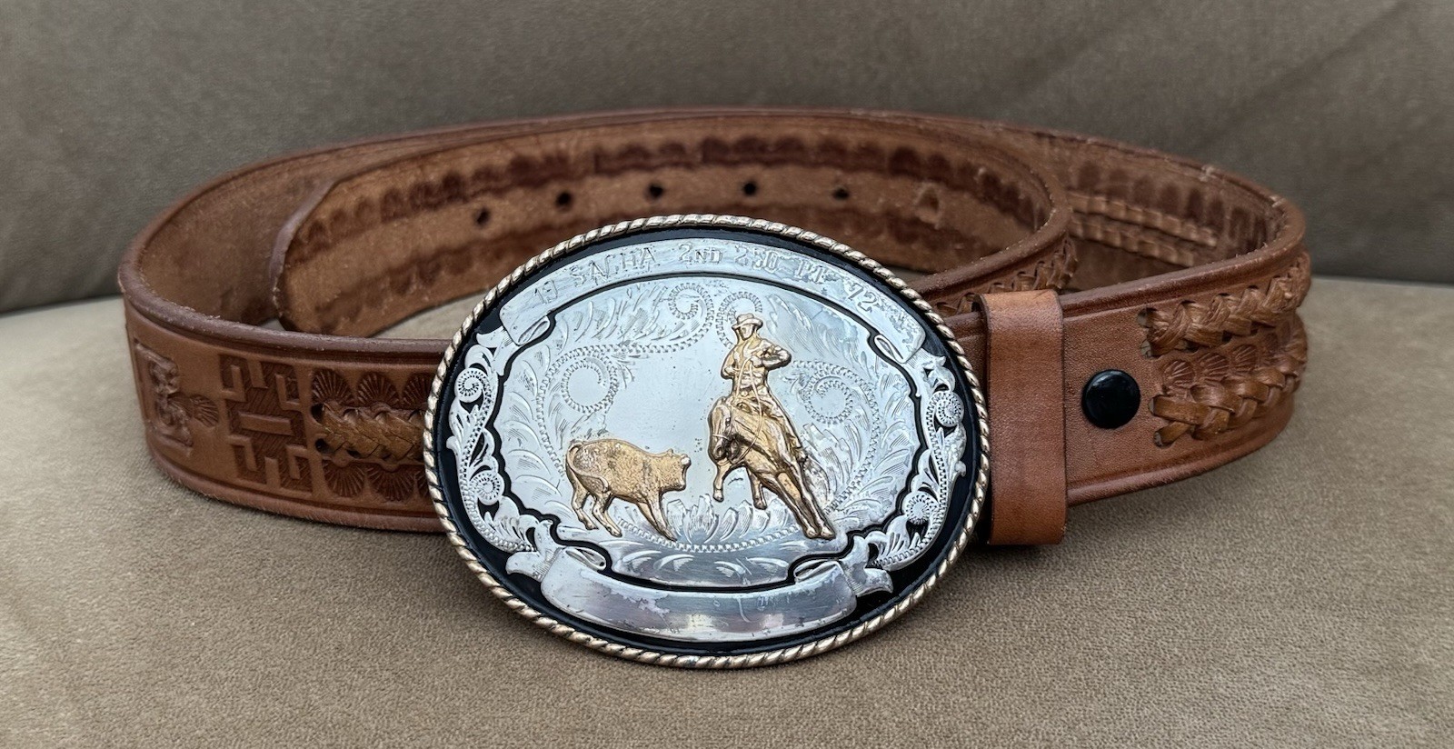 Vintage 1972 SACHA Comstock Silversmiths Silver Cutting Horse Trophy Belt Buckle