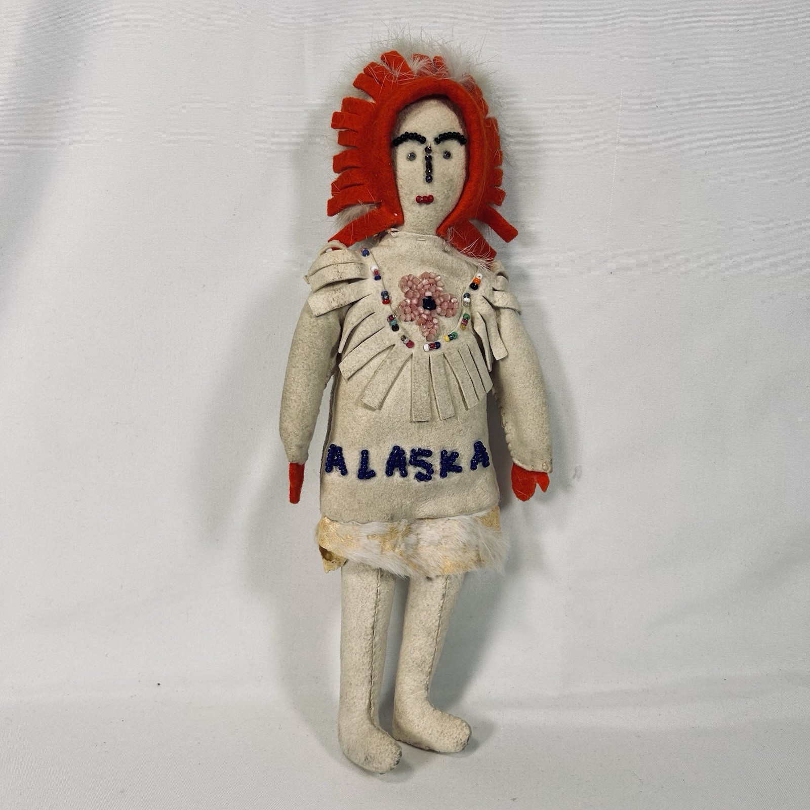 Vtg Mid Century Alaskan Native Beaded Leather Doll Collectible Authentic 9.5”