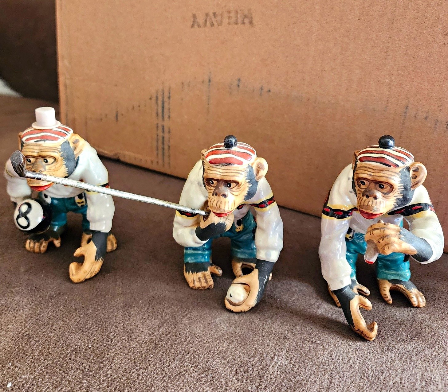 Vintage 1950s J Fred Muggs Ceramic Monkeys, Golf Club, cigar, and 8 ball