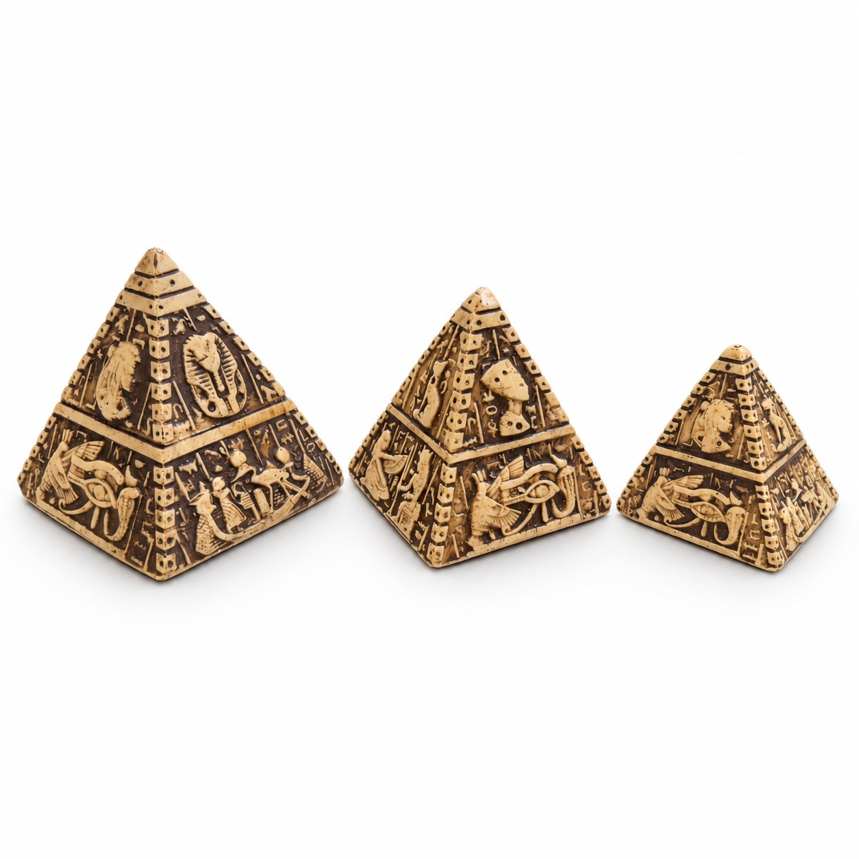 Authentic Egyptian Charm: Set of 3 Giza Pyramids Embellished with Pharaonic Art