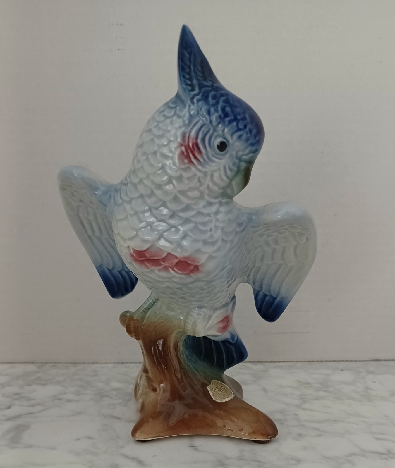 Royal Copley Vintage MCM  Cockatiel Ceramic 7.5” Blue Red White Bird Excellent