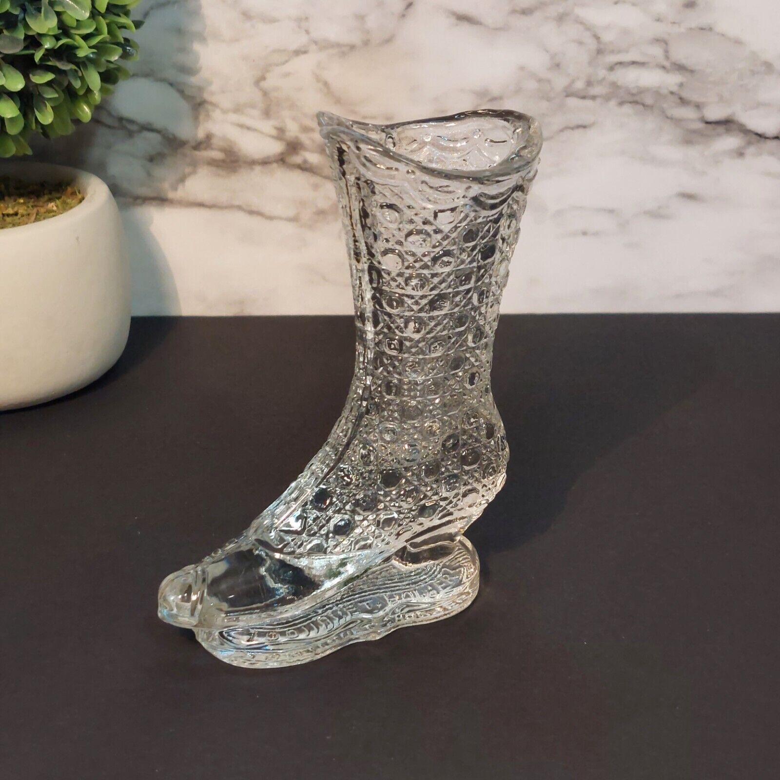 CLEAR DEPRESSION STYLE GLASS BOOT SHOE FLOWER BUD VASE, Retro Vintage, Victorian