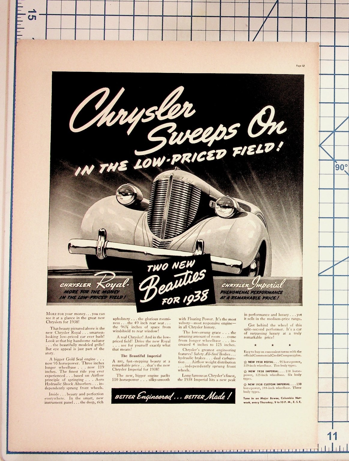 1938 Chrysler Royal Imperial Car Ad Magazine Print Vintage Original Auto