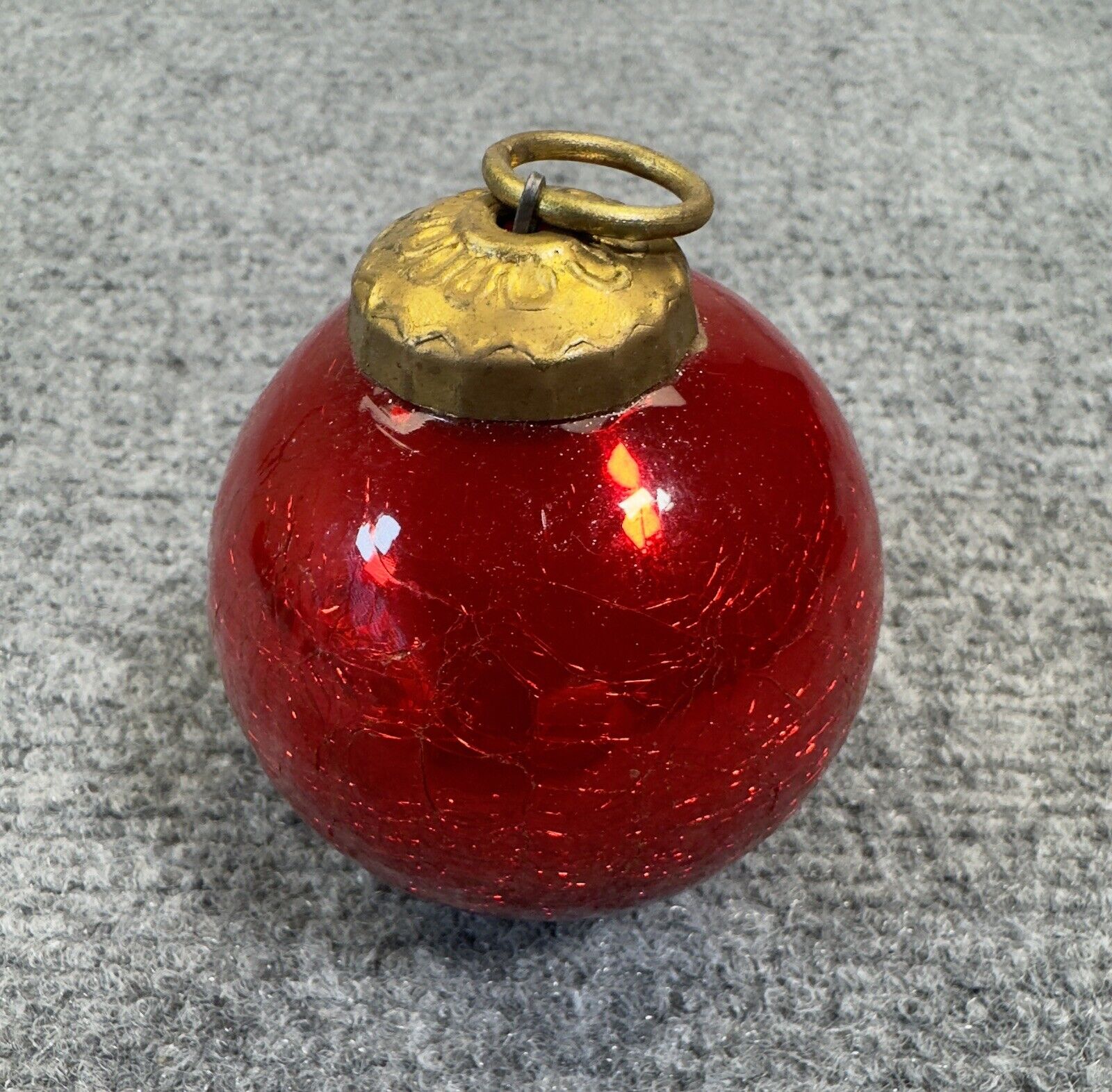 Vintage Red Crackle Glass Kugel Style Christmas Ornament Heavy Glass Hand Blown