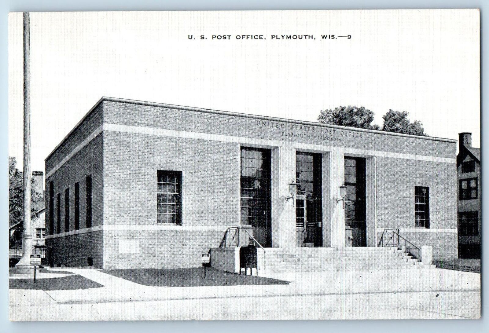 c1940's US Post Office Building Stairs Entrance Plymouth Wisconsin WI Postcard