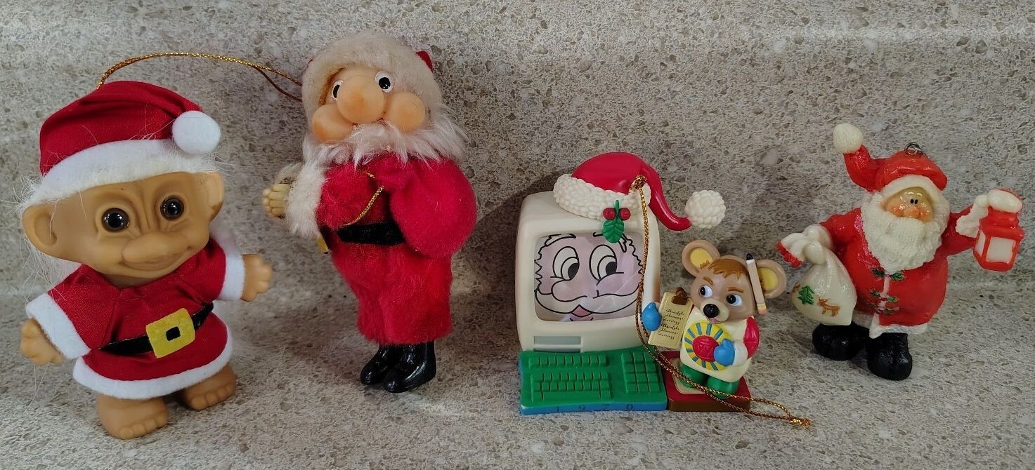 VTG 4 Piece Christmas Ornament Lot Santa Troll Doll Computer Mouse Russ Berrie
