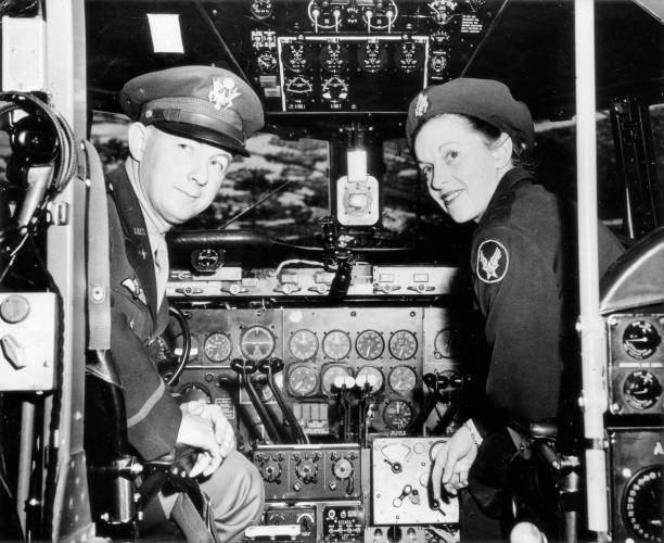 The U S Female pilot Harriet Thyson posing husband Nimmo cabin Dou- Old Photo