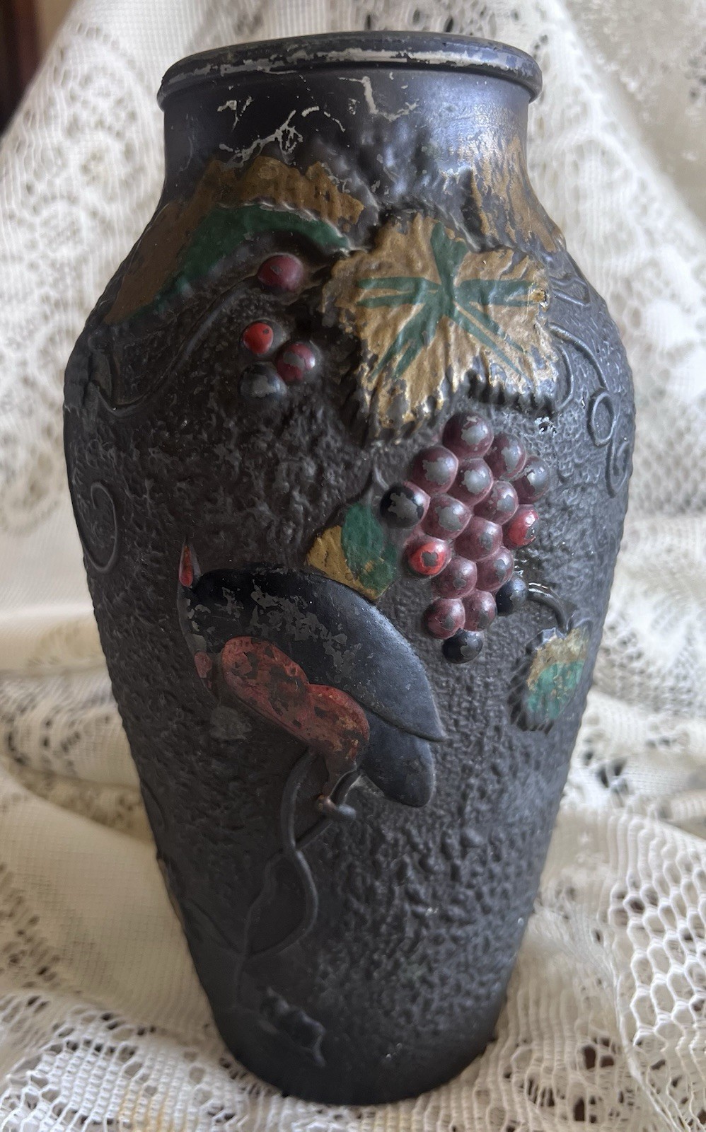 Antique Goofus Glass Vase Indiana Glass Bird on Grapes Black Bark Texture 9\
