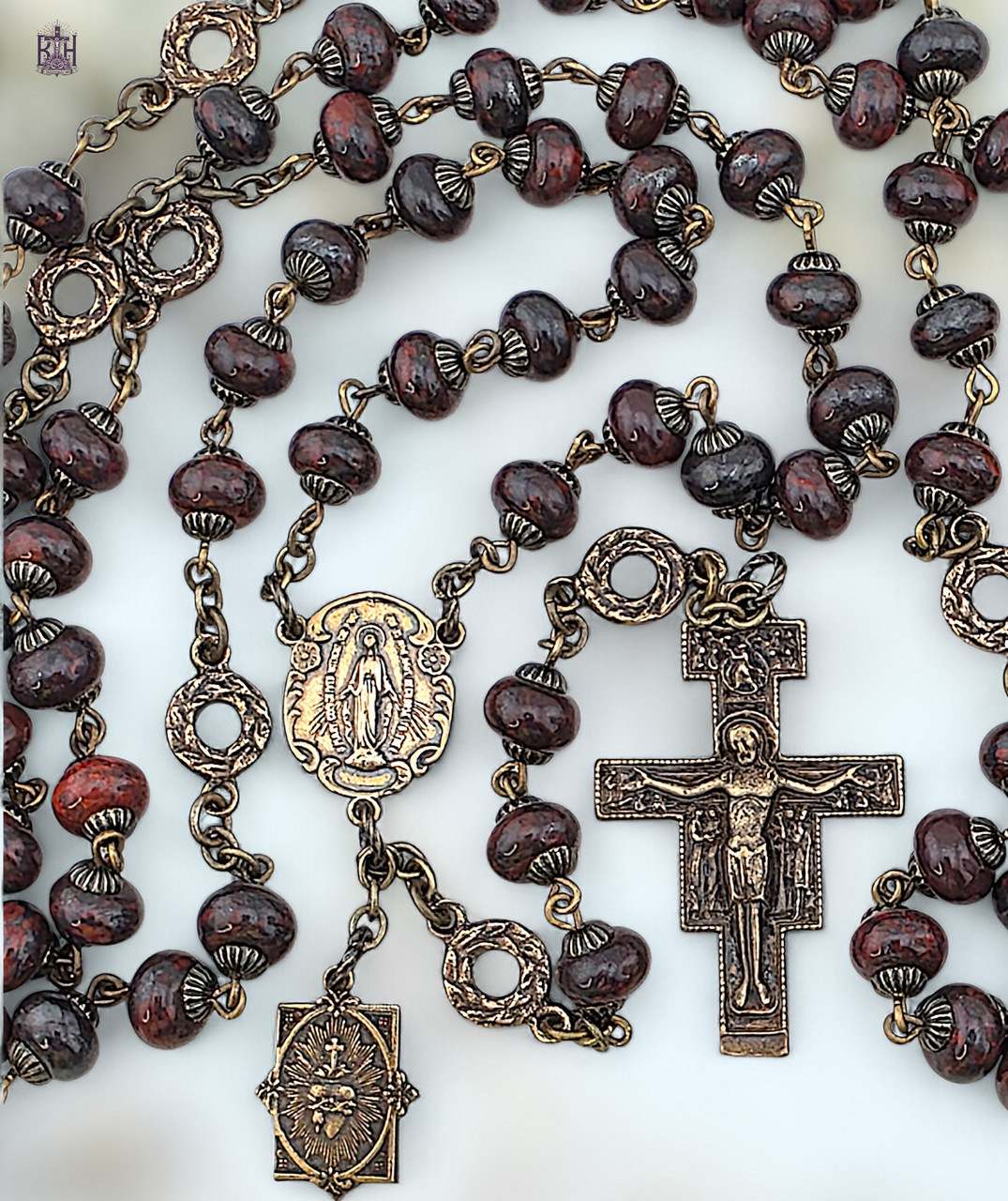 7 Joys of Mary Franciscan Crown Rosary Chaplet |7 Decades| Bronze H | Red Jasper