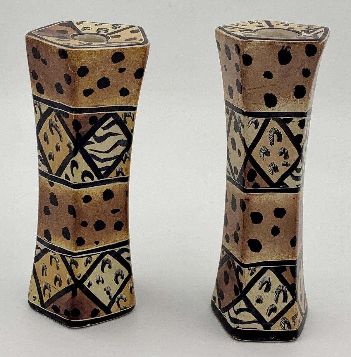 Vintage Hancrafted Soapstone Animal Print Candlestick Holders Made in Kenya S/2