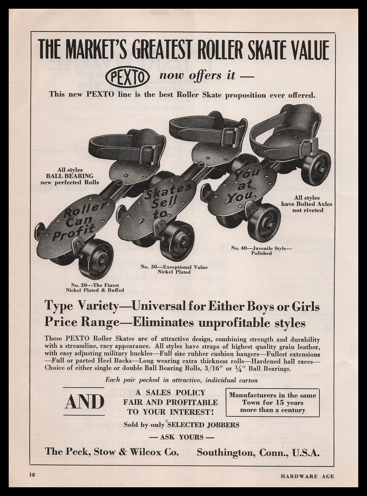 1935 Pexto Roller Skates Peck Stow & Wilcox Co. Southington Connecticut Print Ad