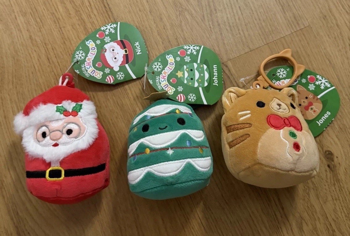 Squishmallow 4” Nick Santa Claus plush Christmas Tree Gingerbread Cat Clip