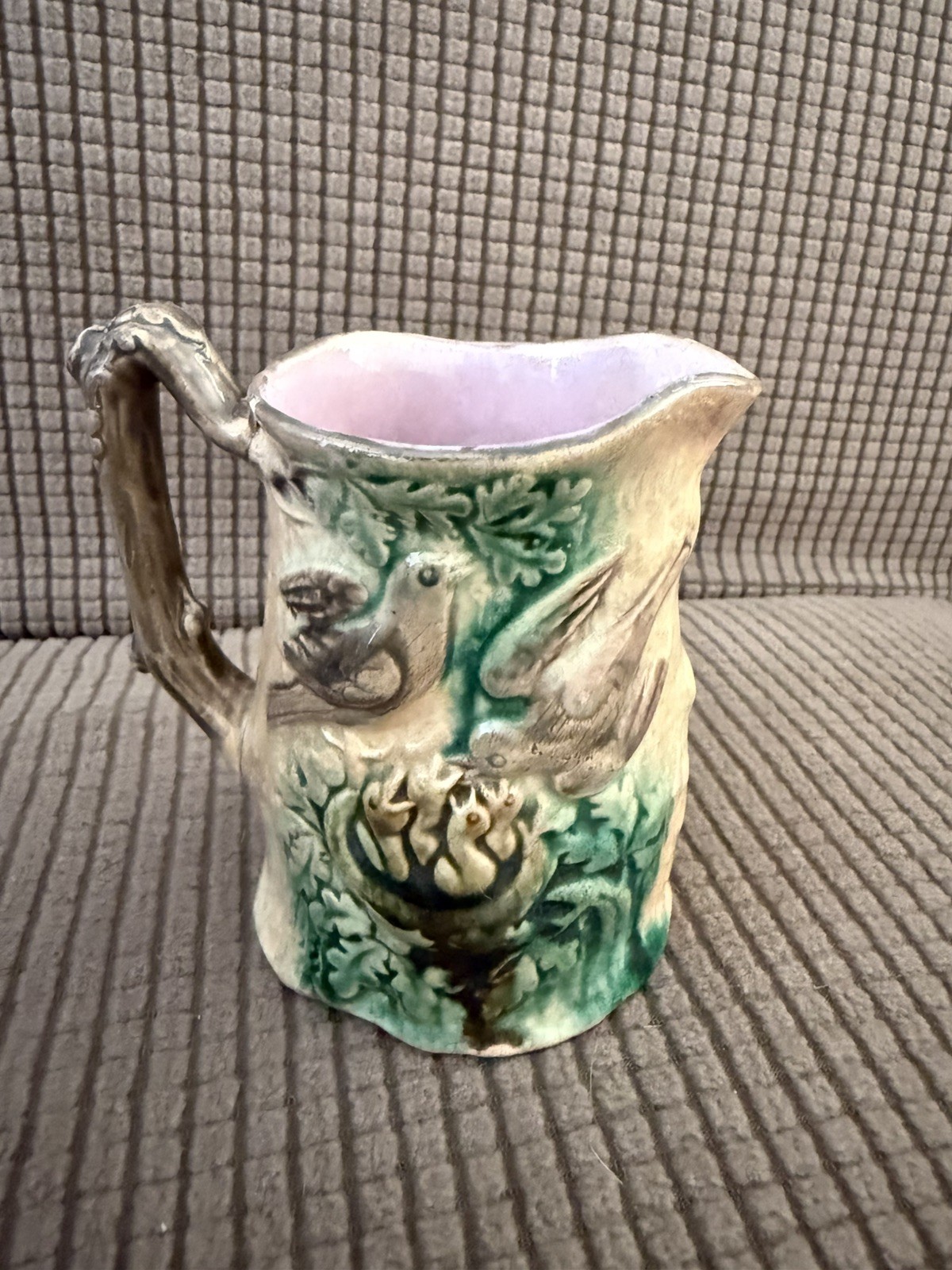 Antique Majoliea Hand Painted Bird Nest Tree Branch Pitcher. Beautiful 4X4 in. Antique Majoliea Hand Painted Bird Nest Tree Branch Pitcher. Beautiful 4X4 in.