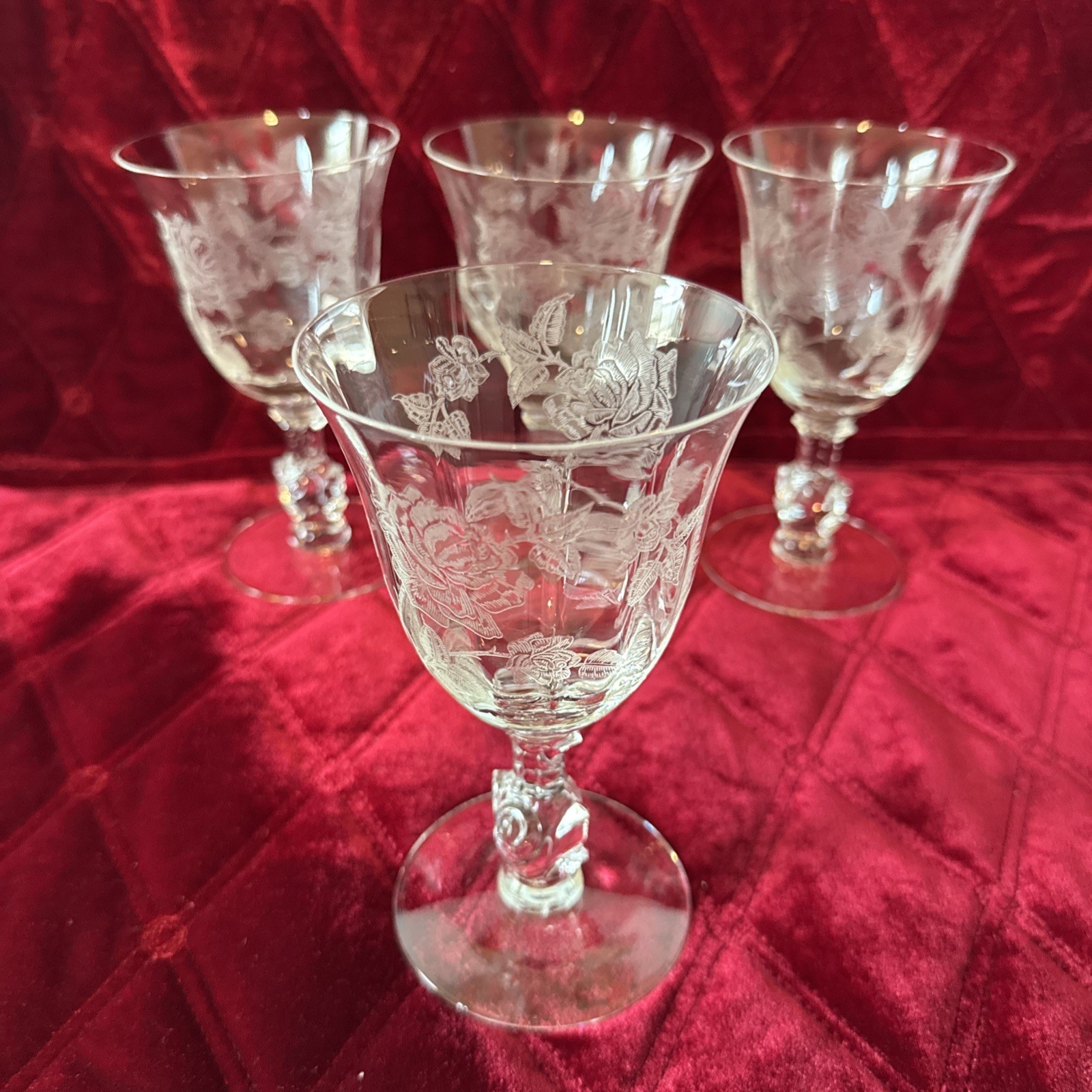 4 Vintage Heisey Rose Elegant Etched Crystal 6.5