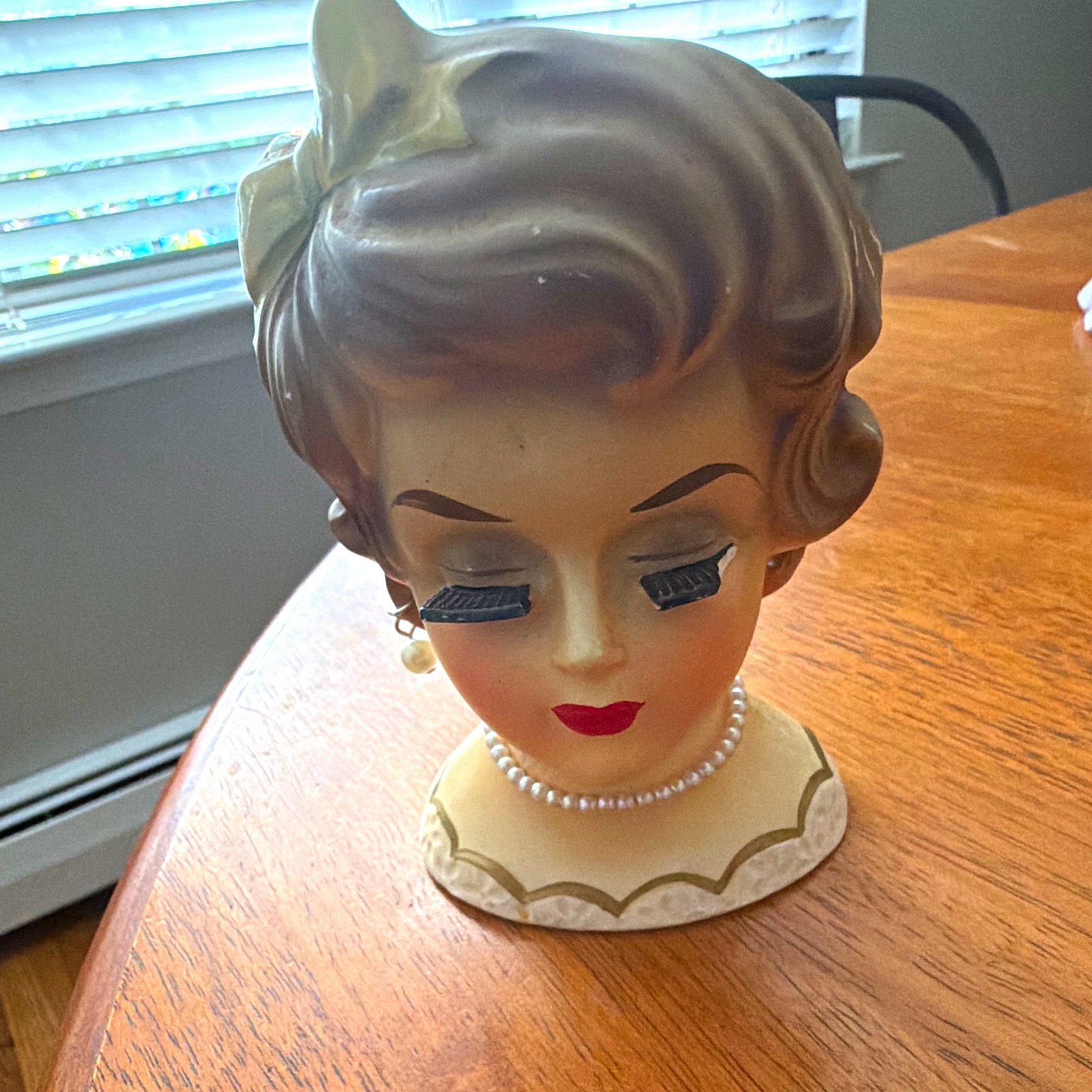 Vintage 1950s Hand Painted Ceramic Lady Head Vase Woman Bust Figurine Pearl