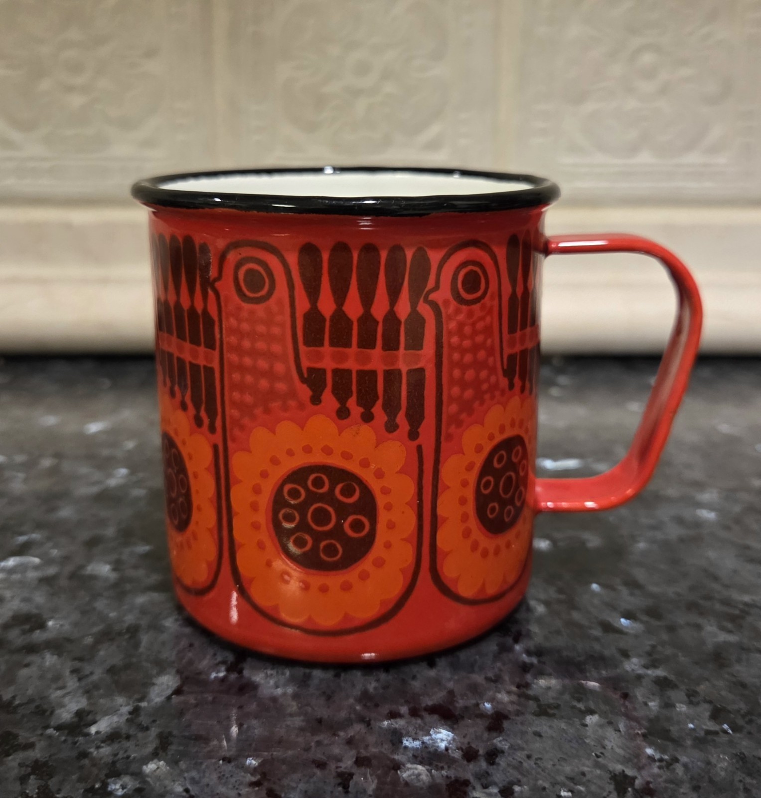 FINEL~Red Lintu Bird~Enamel Coffee Mug Cup~Arabia Finland~Vintage MCM❤️