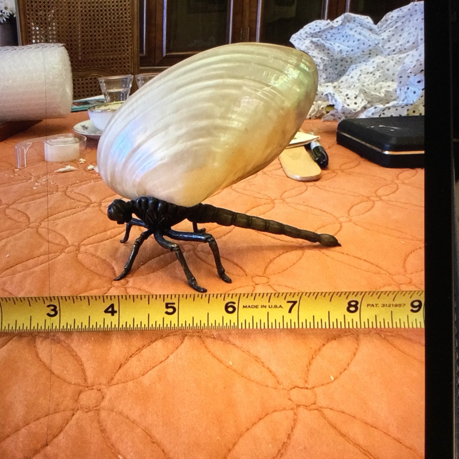 Vintage Brass Dragonfly Figurine Natural Mother of Pearl Shell Art Sculpture