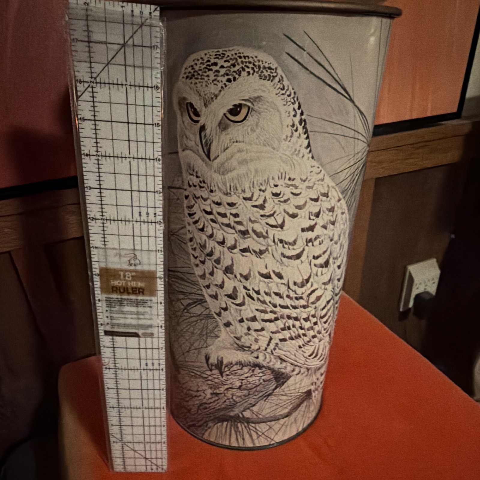 Vtg Leland Brewsaugh owl umbrella holder metal trash can. 18 inches tall 9.5 wid